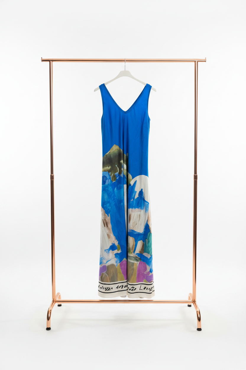 O/S Italian Silk WIDE STRAP V-Maxi Dress -ELECTRIC BLUE-Watercolour print, Made in Italy, Viscose/Silk blend