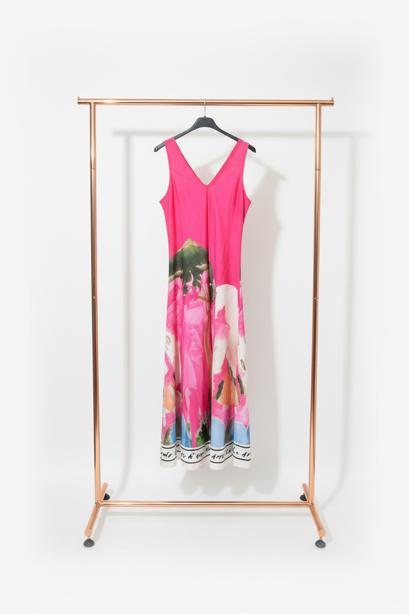 O/S Italian Silk WIDE STRAP V-Maxi Dress -ELECTRIC PINK-Watercolour print, Made in Italy, Viscose/Silk blend