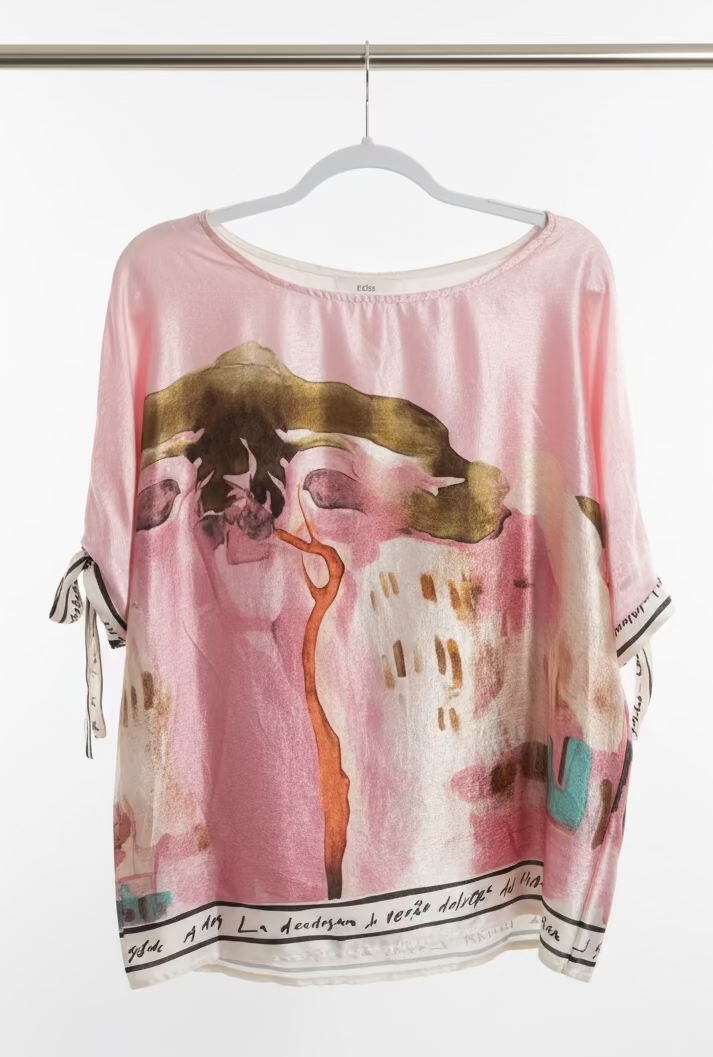 Relaxed Fit Watercolor Lustrous Top-PINK- Made in Italy, O/S