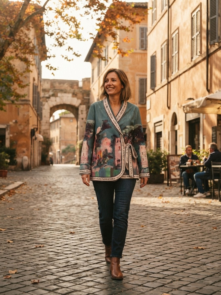 Artistic Italian Landscape Brushed Suede Jacket | Left-Tie Wrap Cardigan | Fall Outerwear - Teal