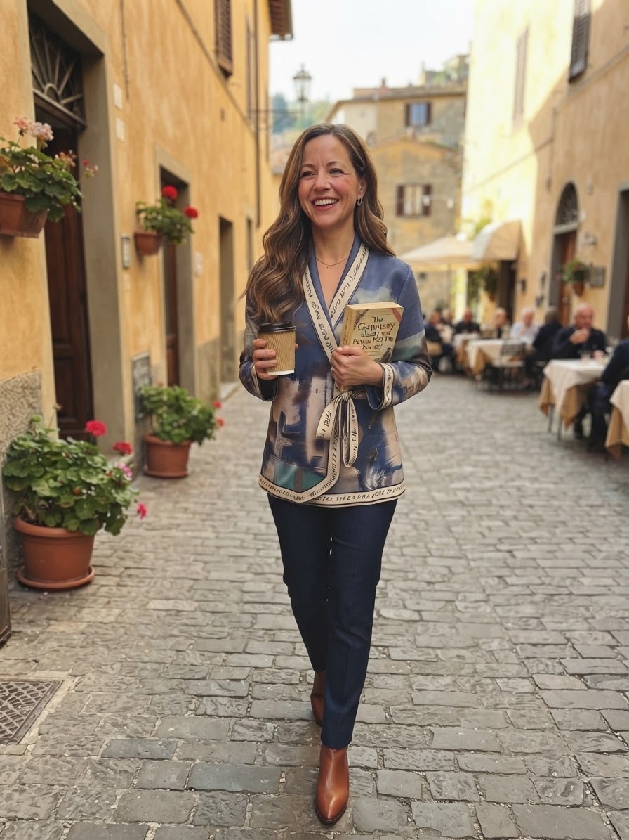 Artistic Italian Landscape Brushed Suede Jacket | Left-Tie Wrap Cardigan | Fall Outerwear -NAVY