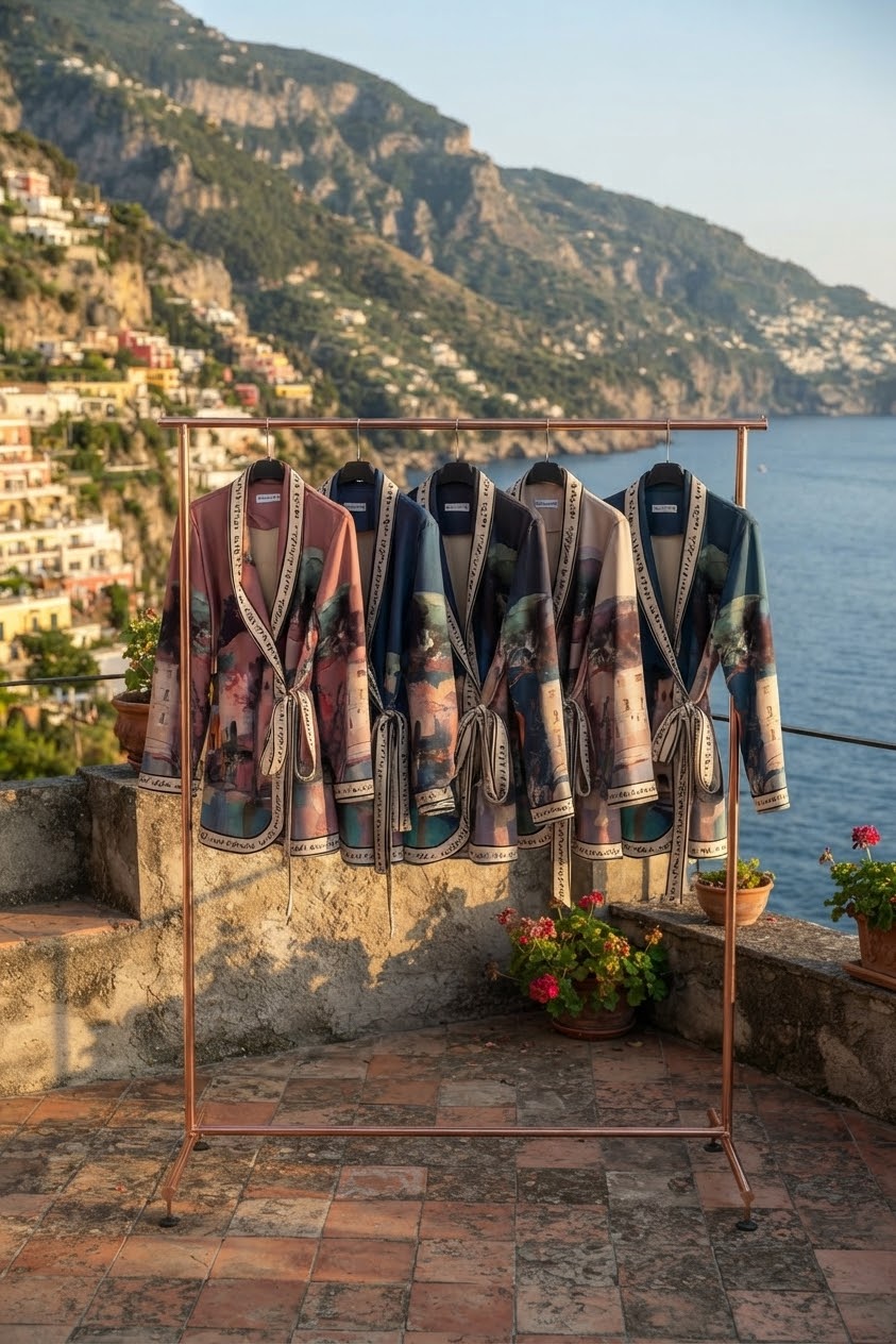 Artistic Italian Landscape Brushed Suede Jacket | Left-Tie Wrap Cardigan | Fall Outerwear -NAVY