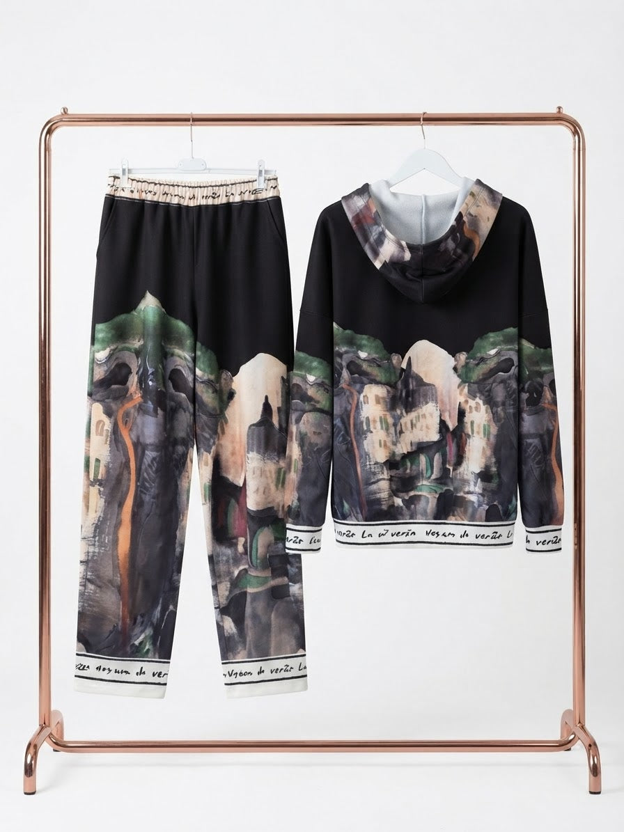 Italian Watercolour Women’s Track Suit- BLACK -Viscose/ Polyester blend, Made in Italy, O/S