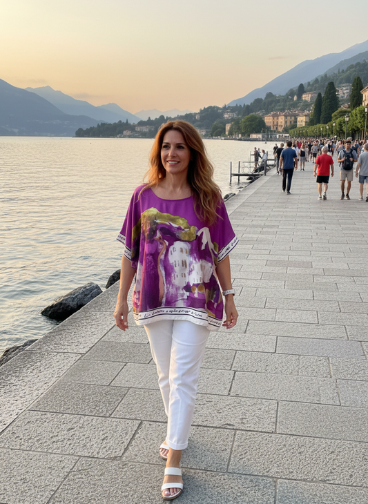 Italian Watercolour Relaxed Fit Top- Purple- Polyester