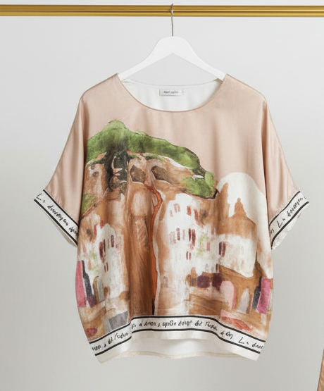 Italian Watercolour Relaxed Fit Top-GOLDEN BEIGE- Viscose/ Polyester Blend- O/S