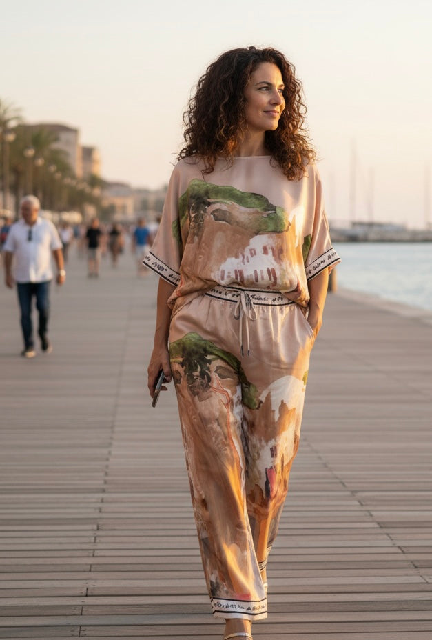 Italian Watercolour Relaxed Fit Top-GOLDEN BEIGE- Viscose/ Polyester Blend- O/S