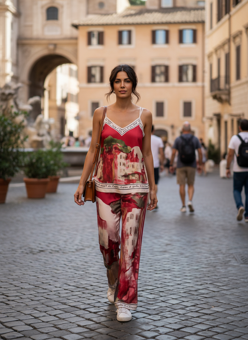 Italian Watercolour Red Pants-Polyester