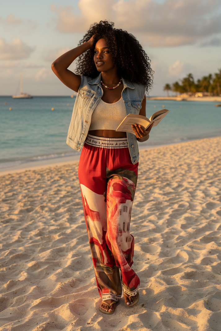 Italian Watercolour Red Pants-Polyester