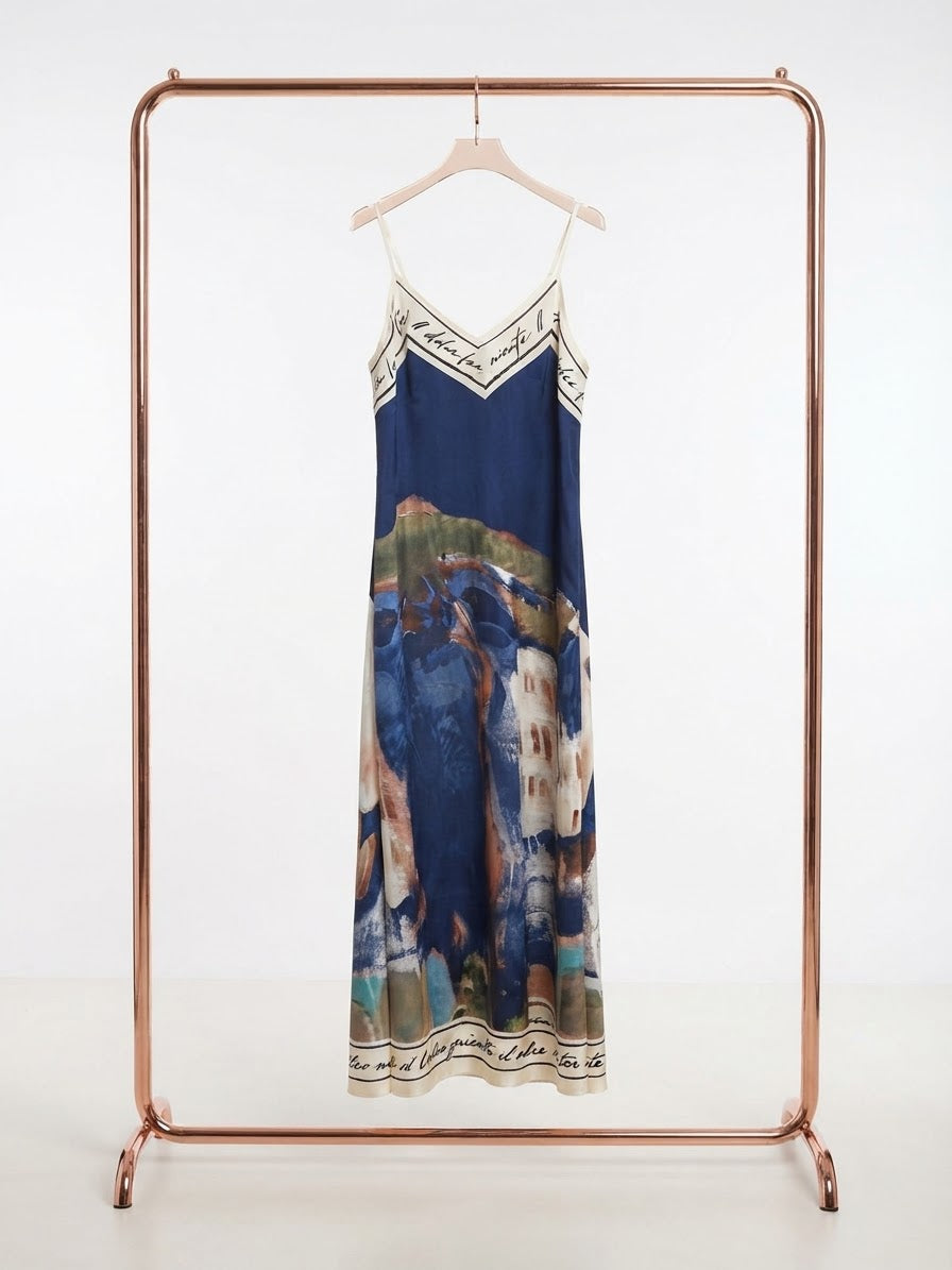 O/S Italian Silk/Viscose Women’s Spaghetti Strap Maxi Dress - NAVY BLUE – “Il Dolce Far Niente” Made in Italy
