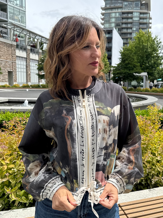 Italian Viscose Sheer Bomber Style Jacket-Black