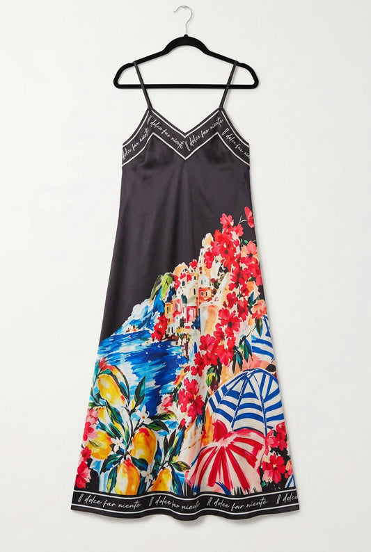 Positano Bloom - Italian Silk Maxi Dress - BLACK