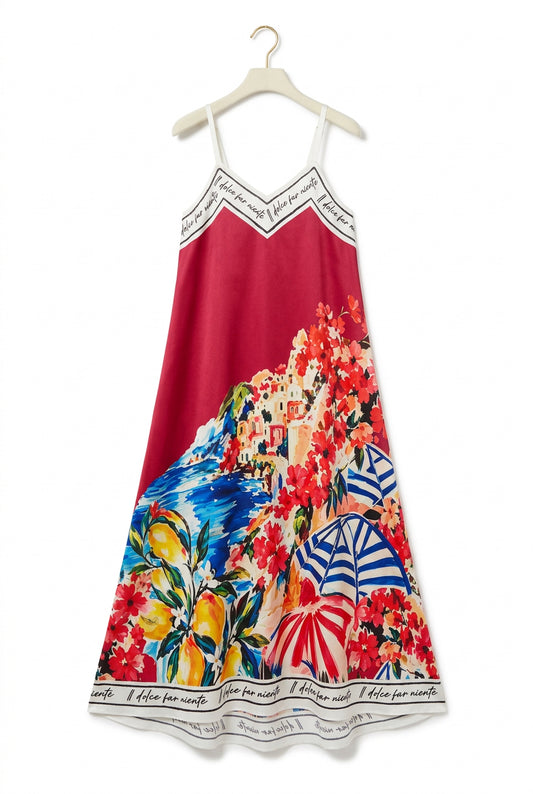 Positano Bloom Italian Silk Maxi Dress-Red