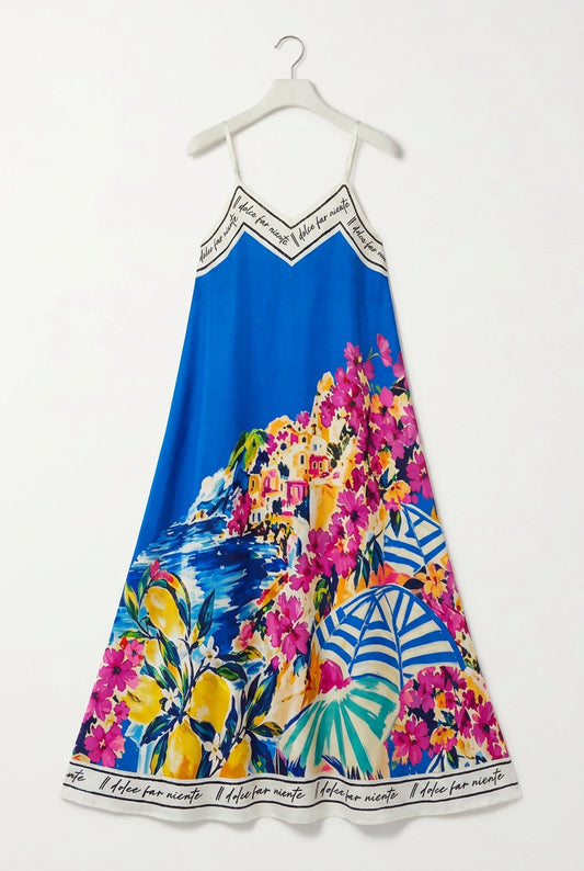 Positano Bloom Italian Silk Maxi Dress-Electric Blue