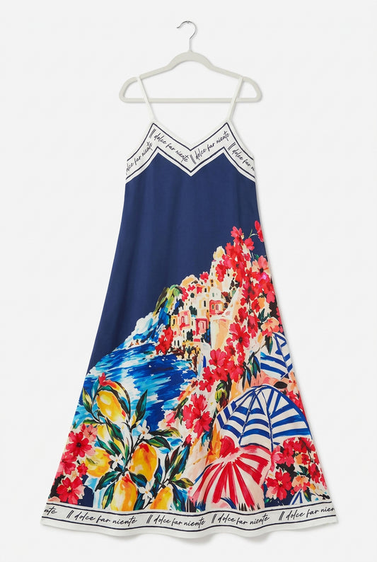 Positano Bloom Italian Silk Maxi Dress-Navy Blue