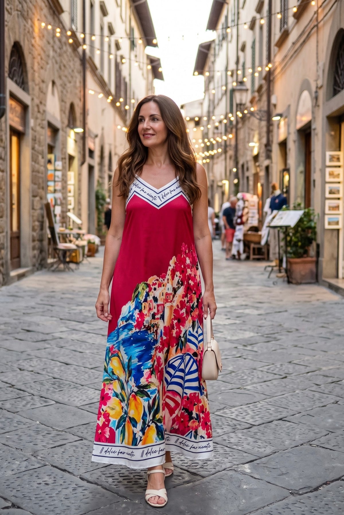 Positano Bloom Italian Silk Maxi Dress-Red