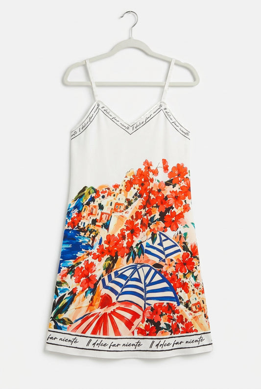 Positano Bloom Italian Silk Mid-Length Dress-White