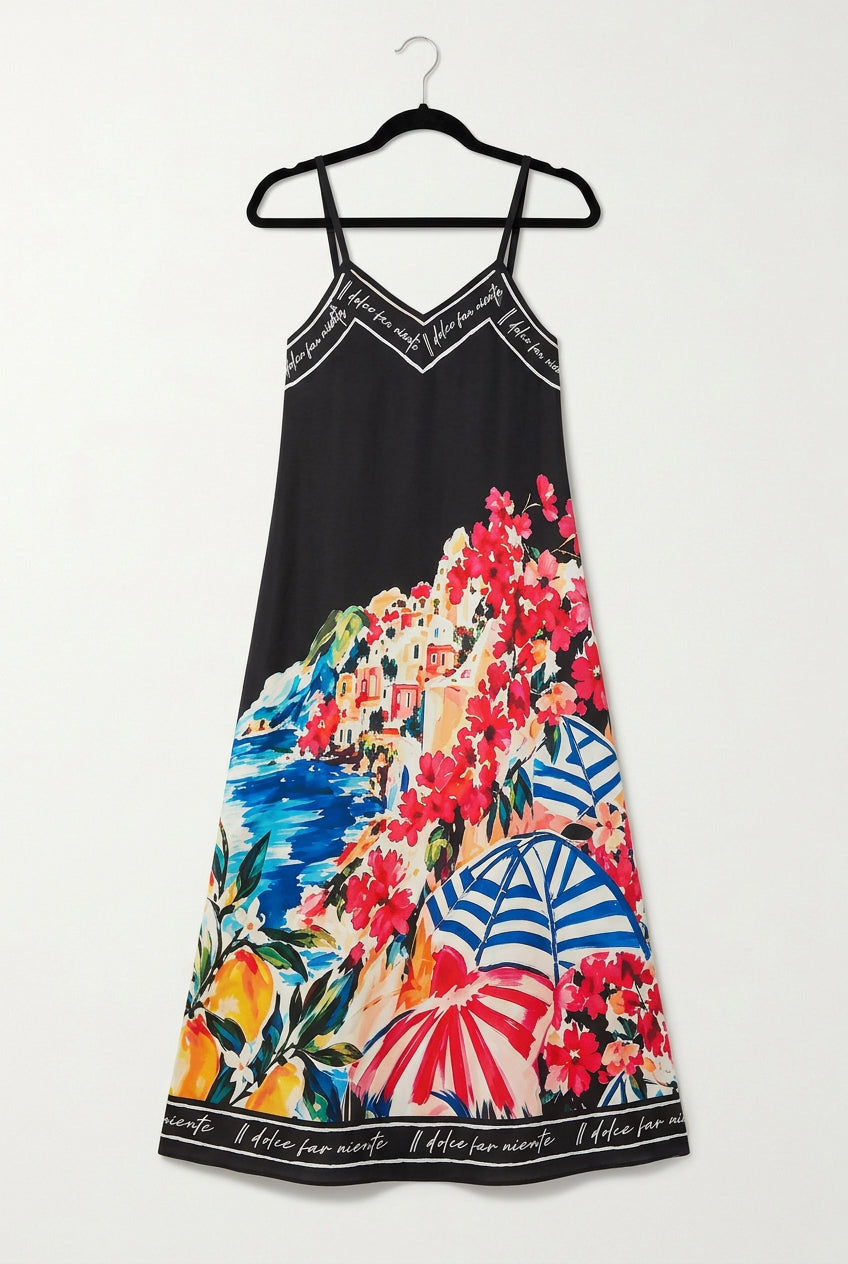 Positano Bloom Italian Silk Mid-Length Dress-Black
