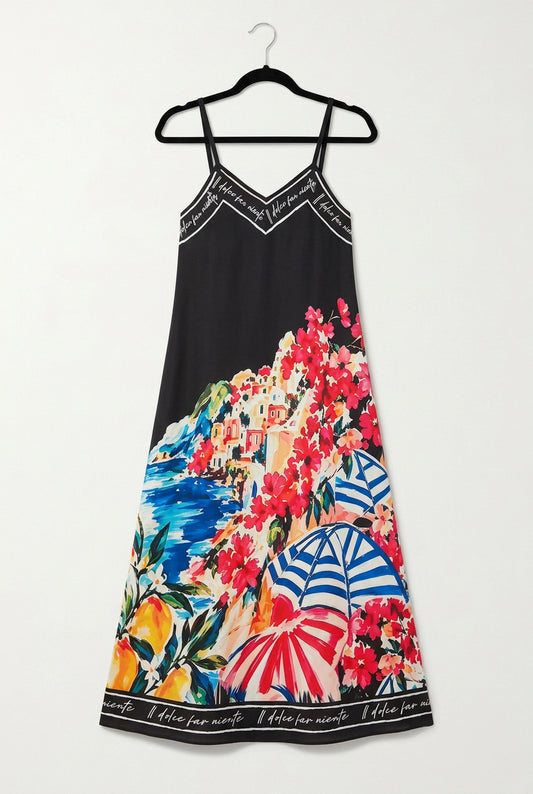 Positano Bloom Italian Silk Mid-Length Dress-Black