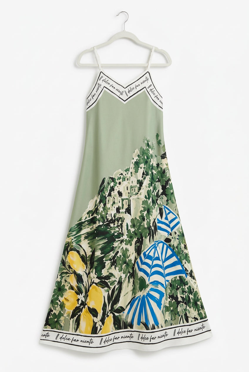 Positano Bloom Italian Silk Maxi Dress-Olive Green
