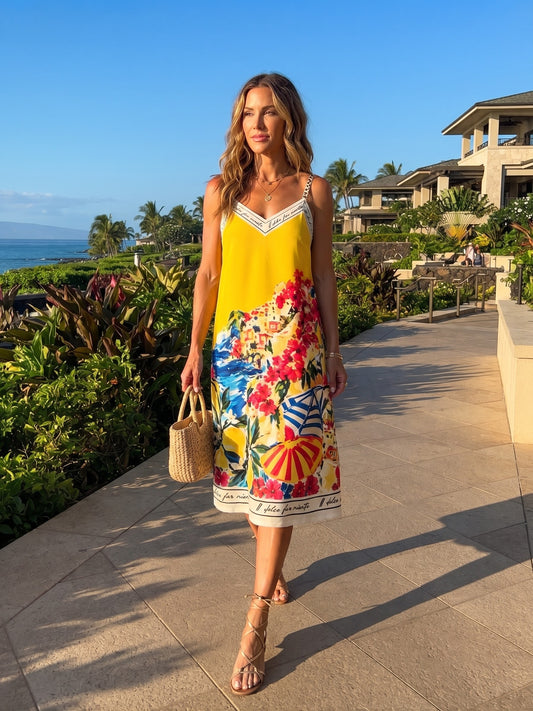 Positano Bloom Italian Silk Mid-Length Dress-Yellow