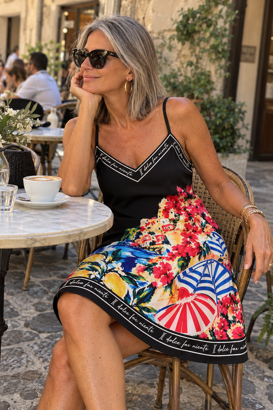 Positano Bloom Italian Silk Mid-Length Dress-Black