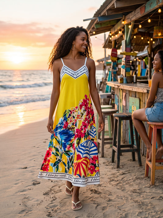 Positano Bloom Italian Silk Maxi Dress-Yellow