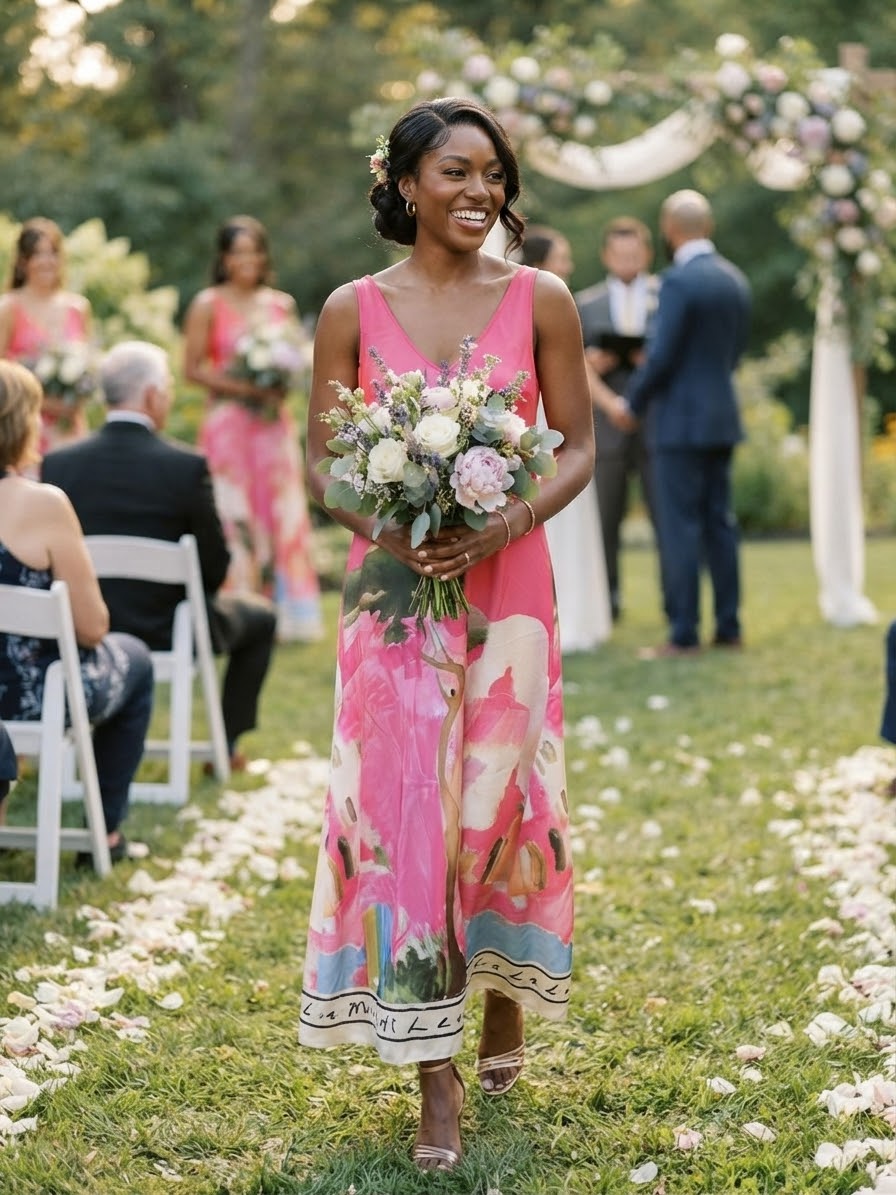 Italian Silk WIDE STRAP Maxi Dress - ELECTRIC PINK - Watercolor Print
