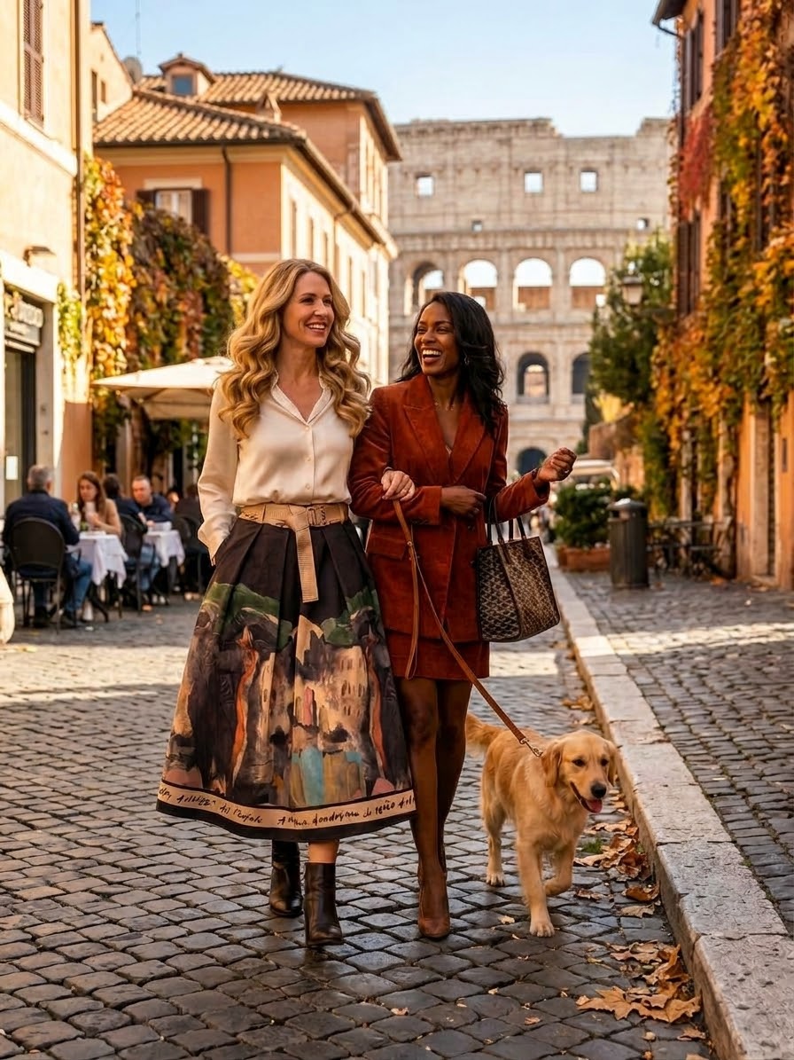 Black skirt made in Italy with pockets displaying a watercolour print of Amalfi Coast town in Italy. The Italian skirt is a brushed suede feel fabric.